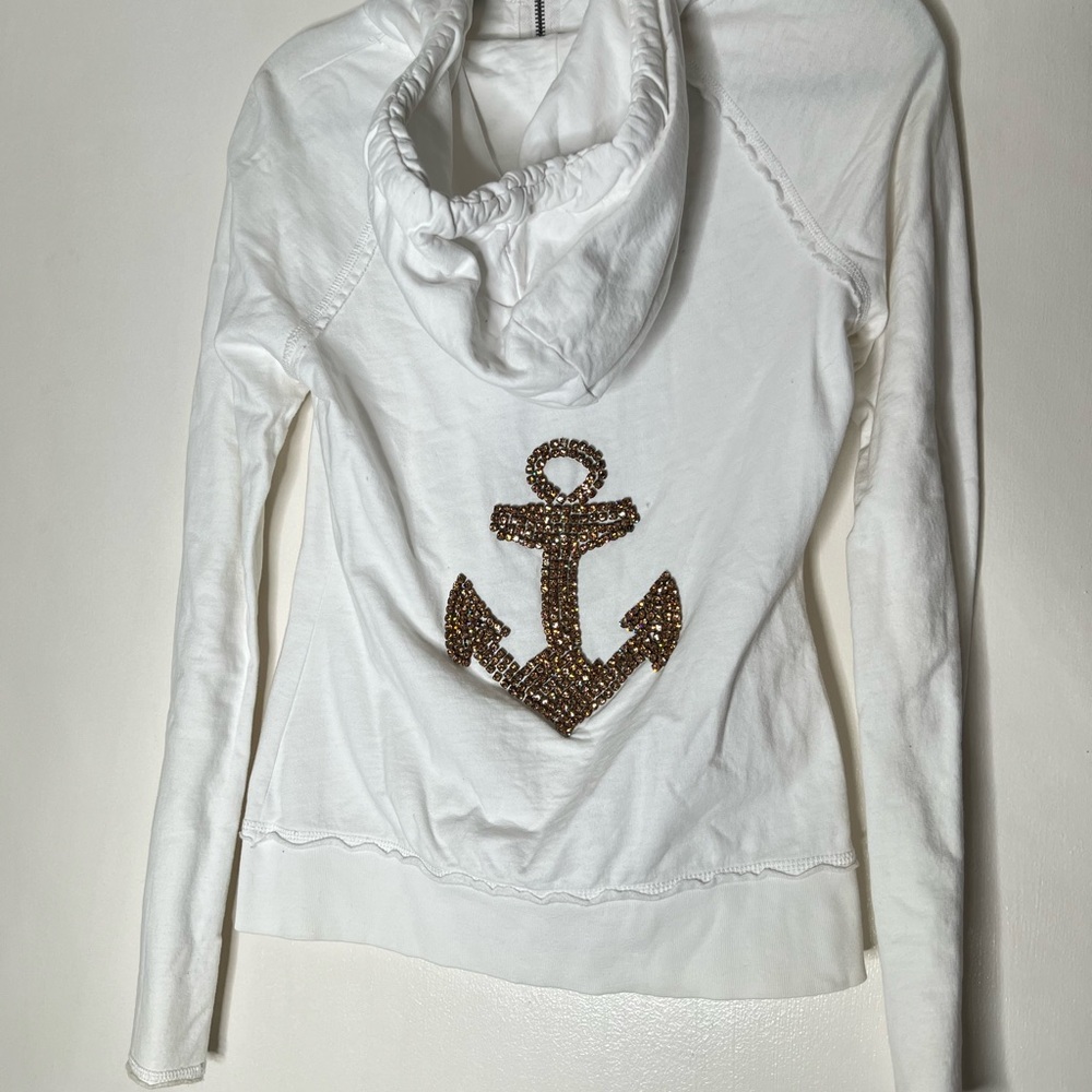 Nautical Twisted Heart Hoodie White Anchor Jeweled Gold Embellished Zip Hoodie - Picture 1 of 9